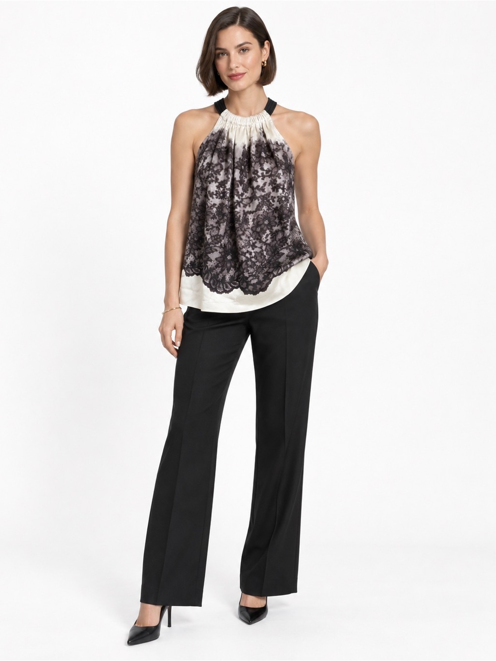Elie Tahari XS Black White Floral Lace Print Satin Halter Blouse Tunic Designer